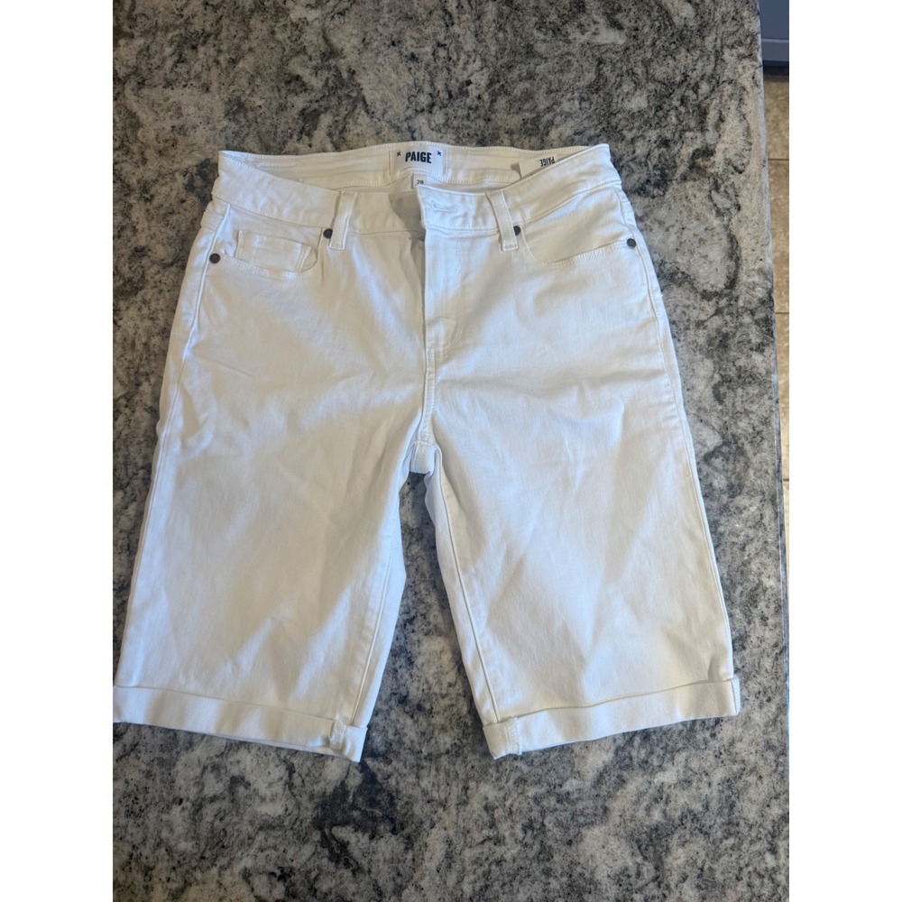 Paige Jax Knee Short White Denim Bermuda Shorts Womens 28 Stretch Cuffed Hem - Picture 2 of 9